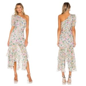 AMUR x REVOLVE Laura Lilac Floral 100% Silk One Shoulder Ruched Midi Dress